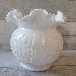 Vintage Fenton Ruffled White Milk Glass Vase With Floral Embossed Design